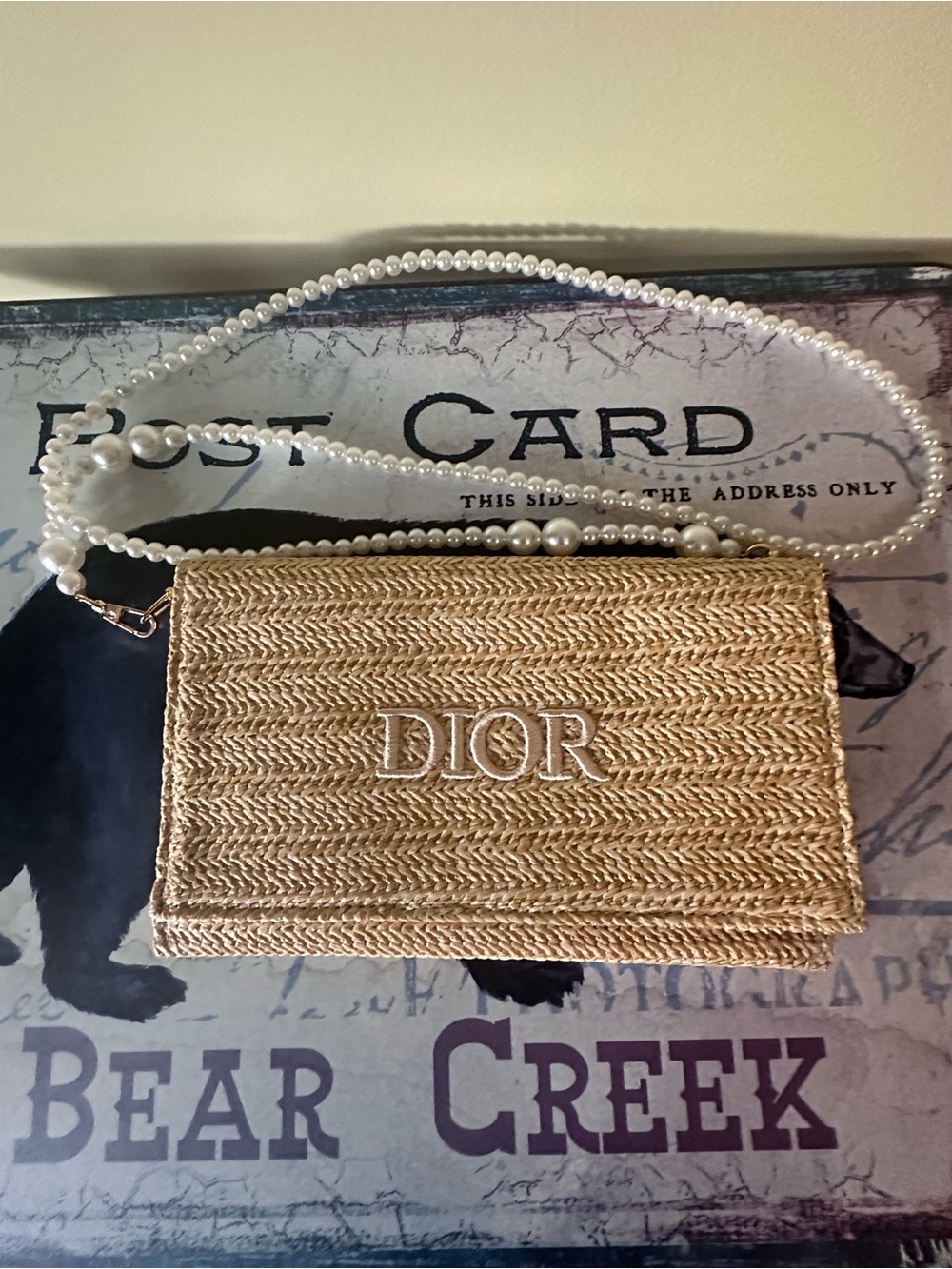 Dior Straw Wallet-on-Unbranded with Pearl Strap - Natural Beige